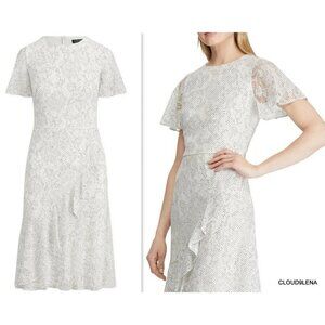 Lauren Ralph Lauren womens flutter sleeve dress 4 white black polka dot lace